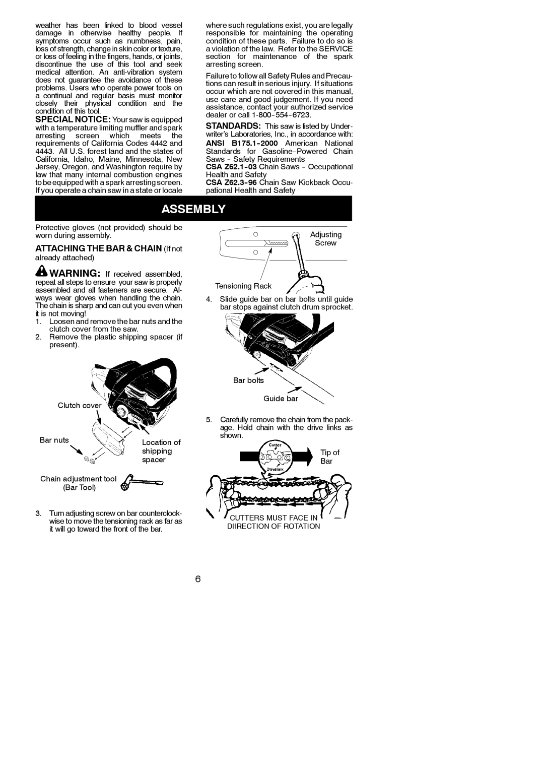 Poulan 530165361 instruction manual Assembly, Attaching the BAR & Chain If not, Adjusting Screw Tensioning Rack 