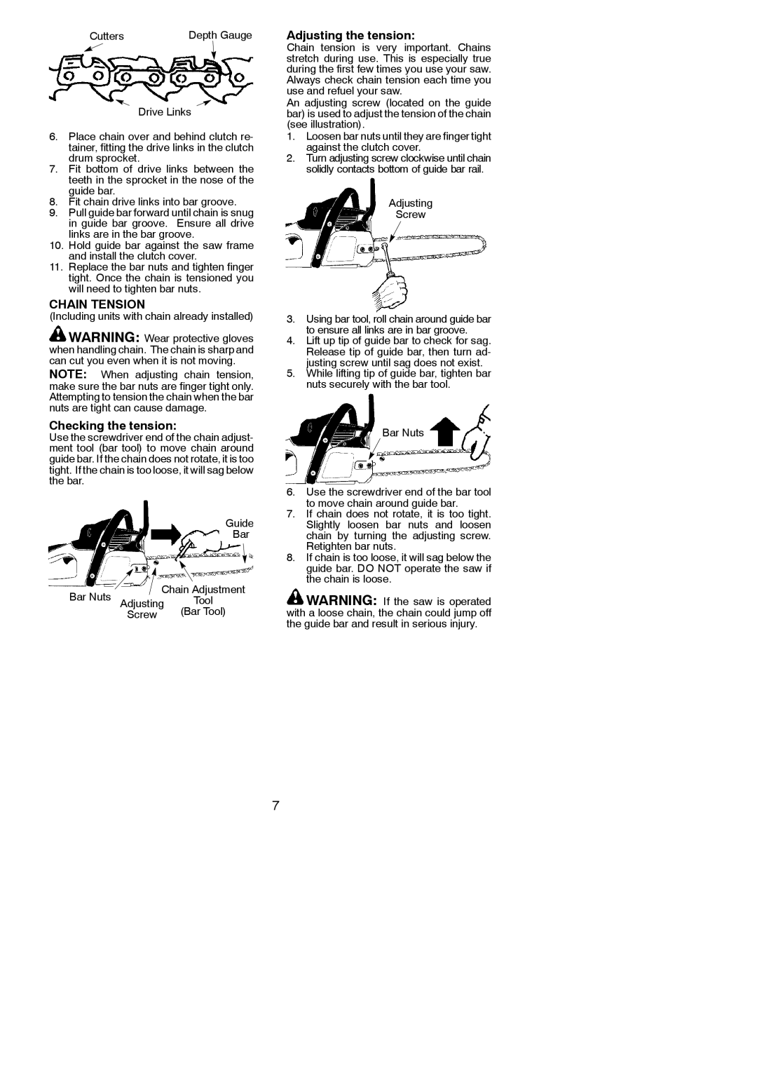 Poulan 530165361 instruction manual Chain Tension, Checking the tension, Adjusting the tension, Cutters, Adjusting Screw 