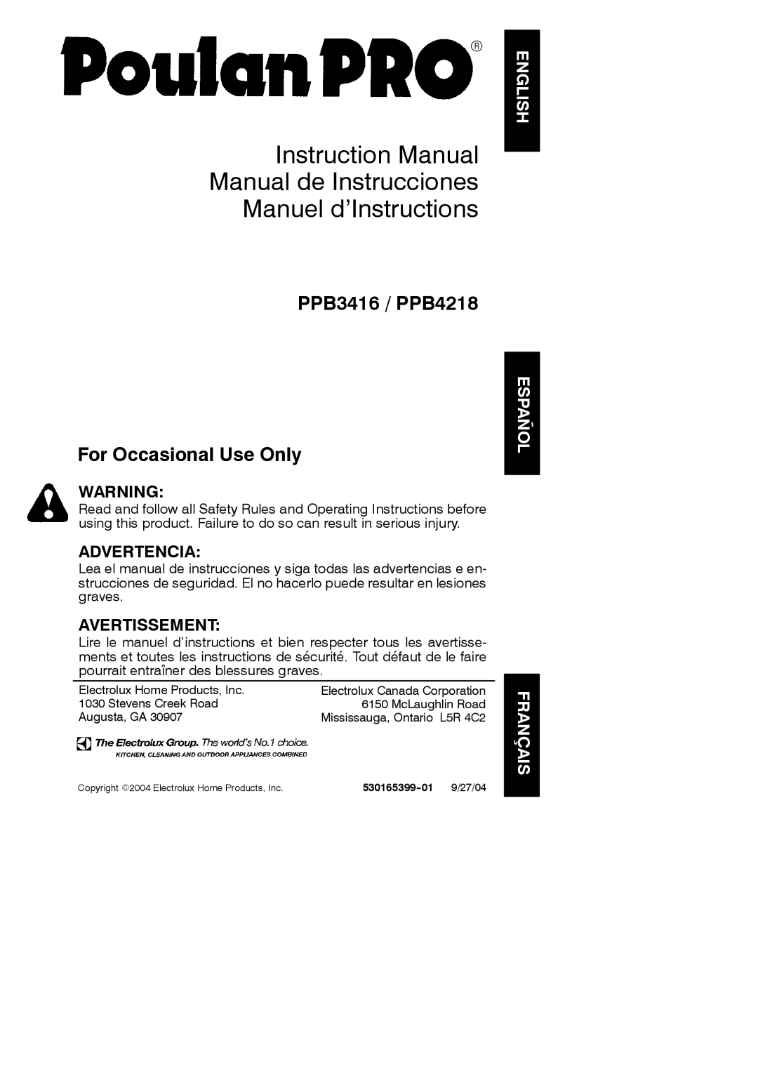 Poulan 530165399-1 instruction manual PPB3416 / PPB4218 For Occasional Use Only, 530165399-01 9/27/04 