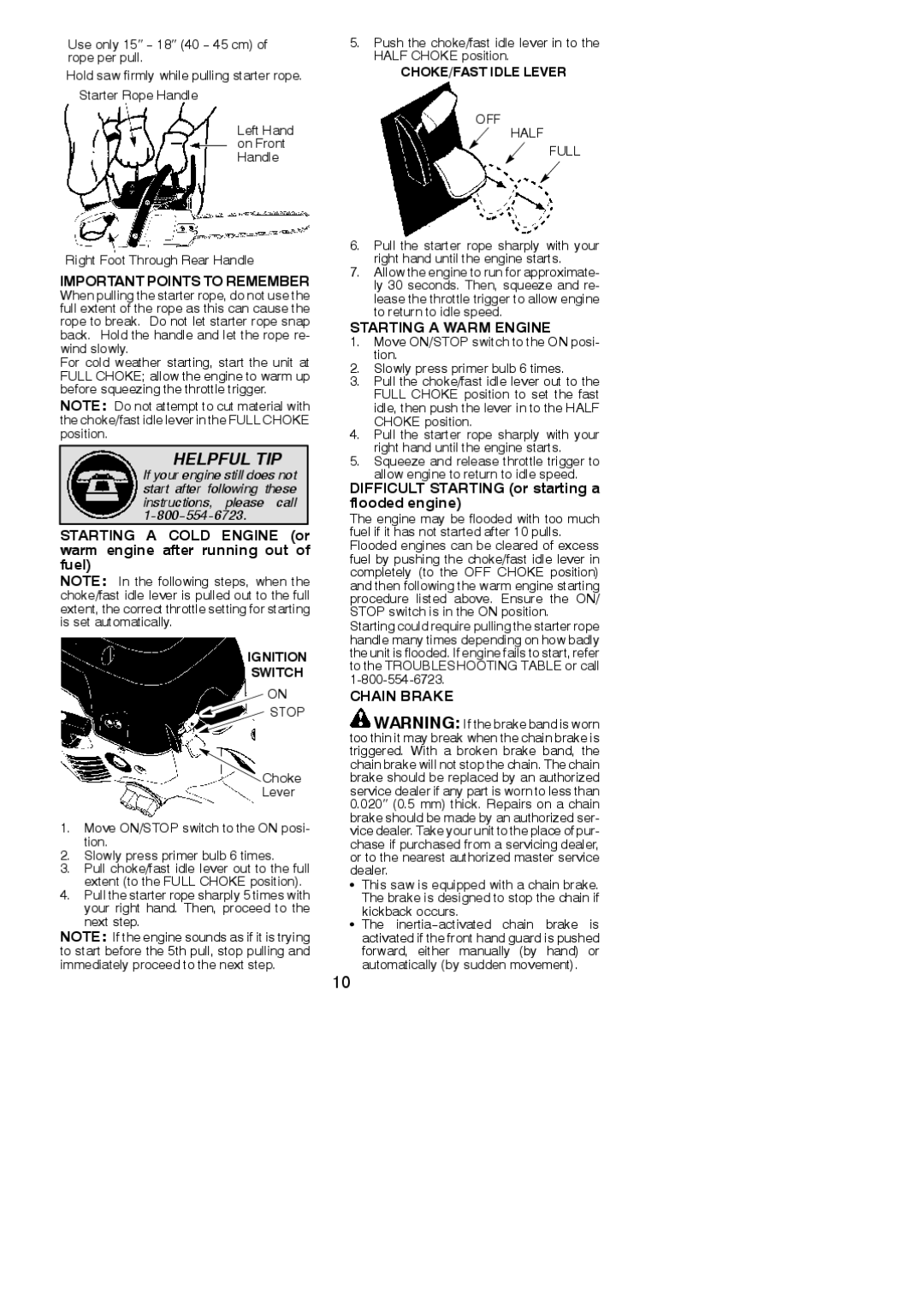 Poulan 530165399 Important Points to Remember, Starting a Warm Engine, Difficult Starting or starting a flooded engine 