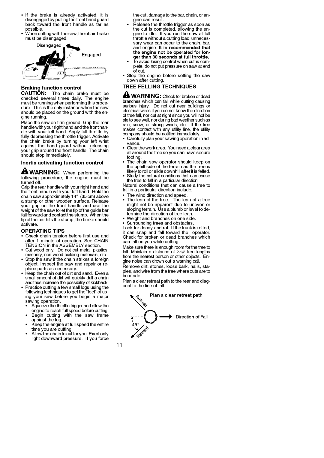 Poulan 530165399 Braking function control Caution The chain brake must be, Inertia activating function control 