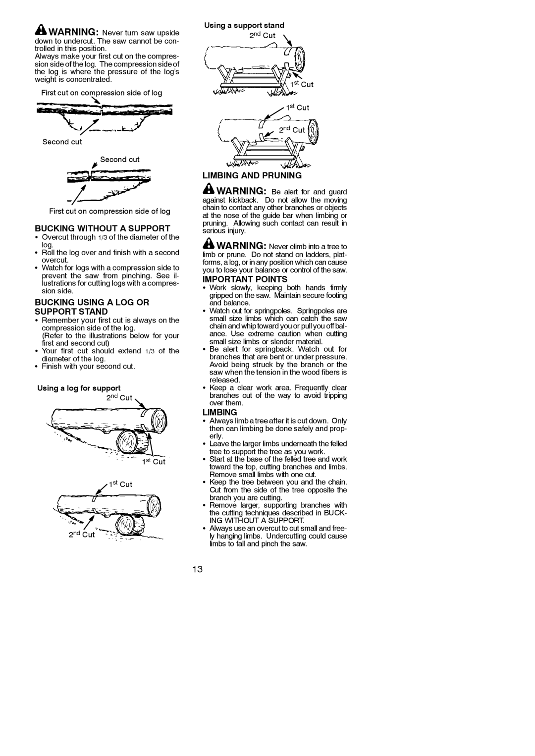 Poulan 530165399 Bucking Without a Support, Bucking Using a LOG or Support Stand, Limbing and Pruning Important Points 