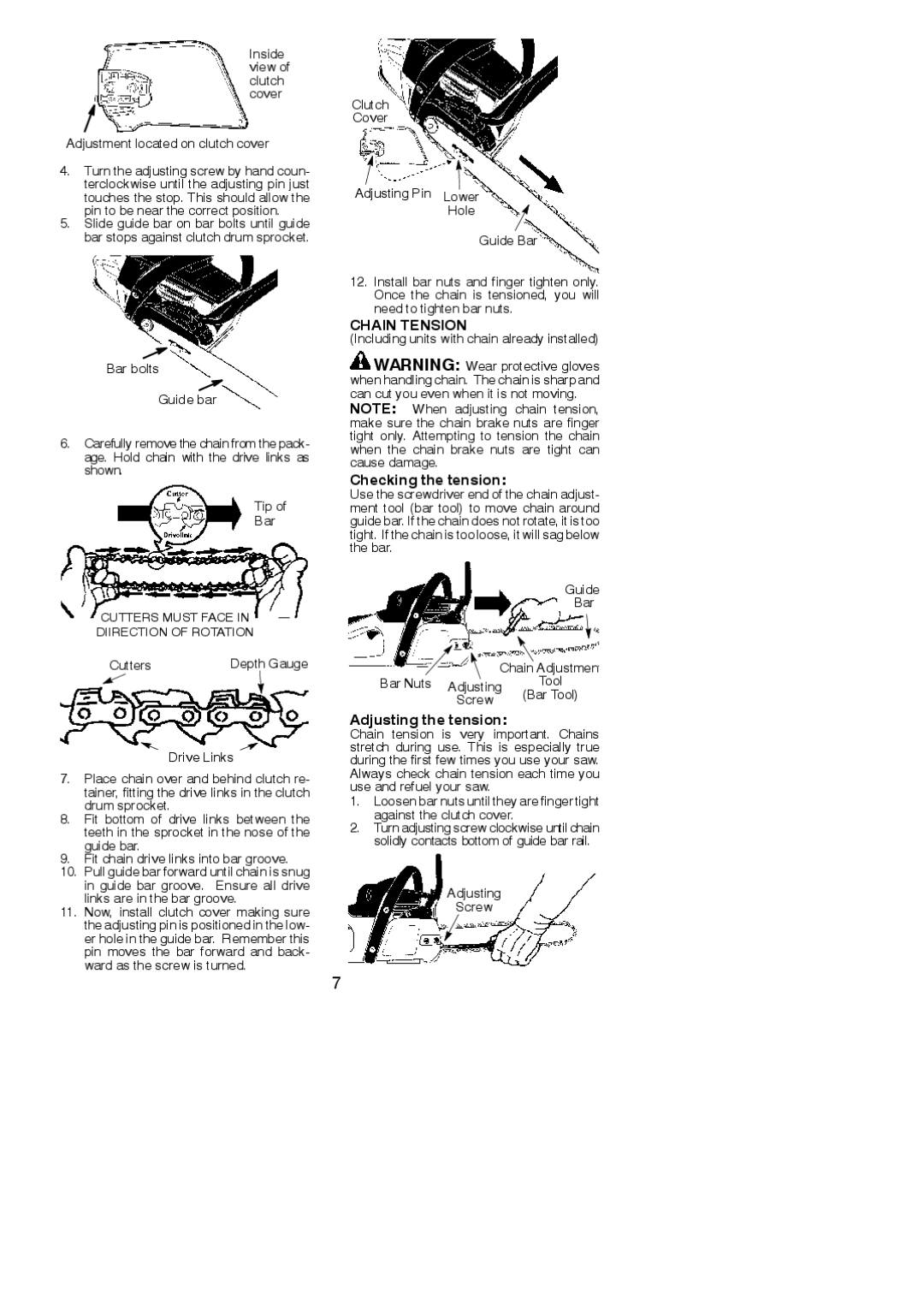 Poulan 530165399 instruction manual Chain Tension, Checking the tension, Adjusting the tension 