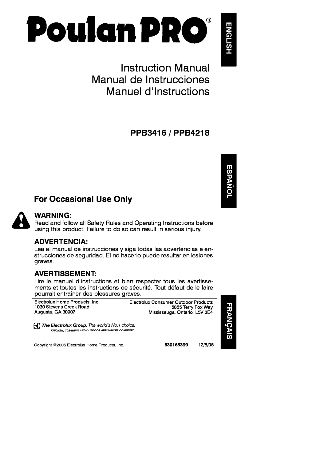 Poulan 530165399 instruction manual English, Español Français, PPB3416 / PPB4218 For Occasional Use Only, Advertencia 