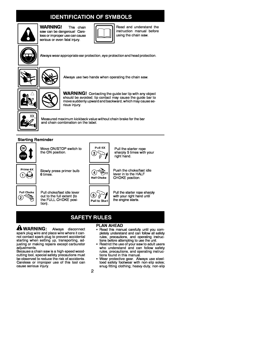 Poulan 530165399 instruction manual Identification Of Symbols, Safety Rules, Starting Reminder, Plan Ahead 