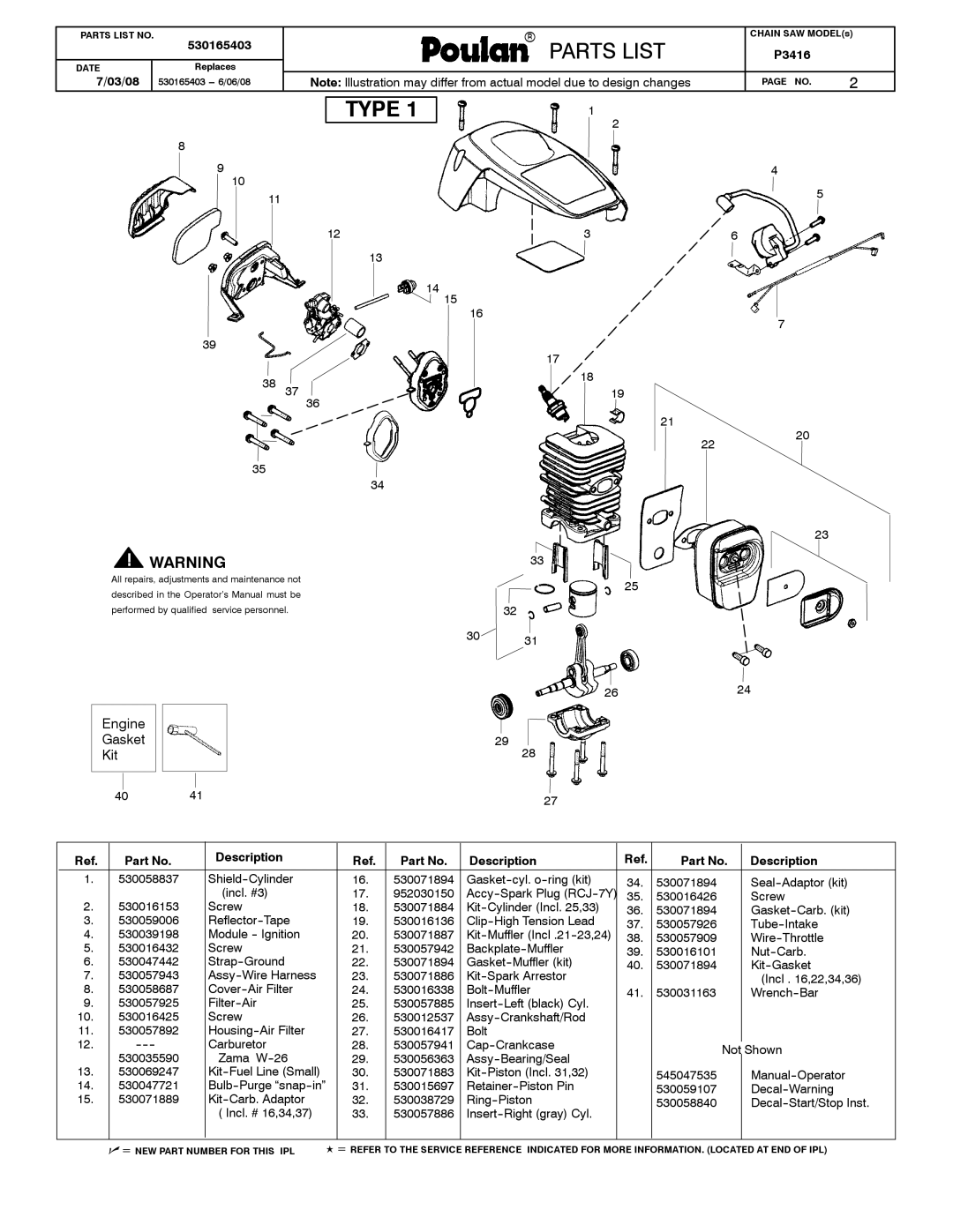 Poulan 530165403 manual Type, Engine Gasket Kit, Description 