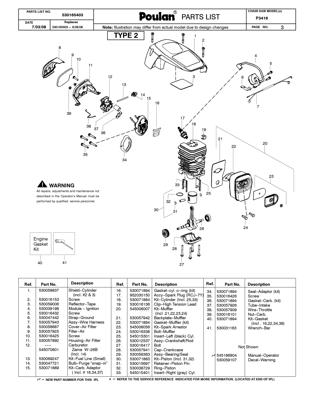 Poulan 530165403 manual Kit--Muffler 530057909 Wire--Throttle, Screw Incl .21,22,23,24 530016101 Nut--Carb, Bolt--Muffler 