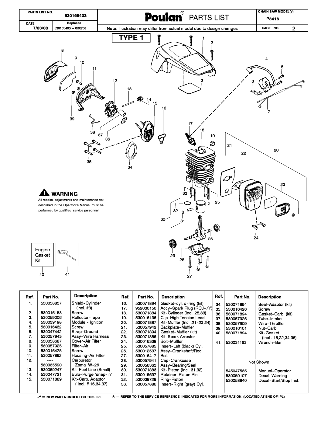 Poulan 530165403 manual Type, Engine Gasket Kit, WEED EATERRr, Partslist, Paramoupoulant, P3416, Description 