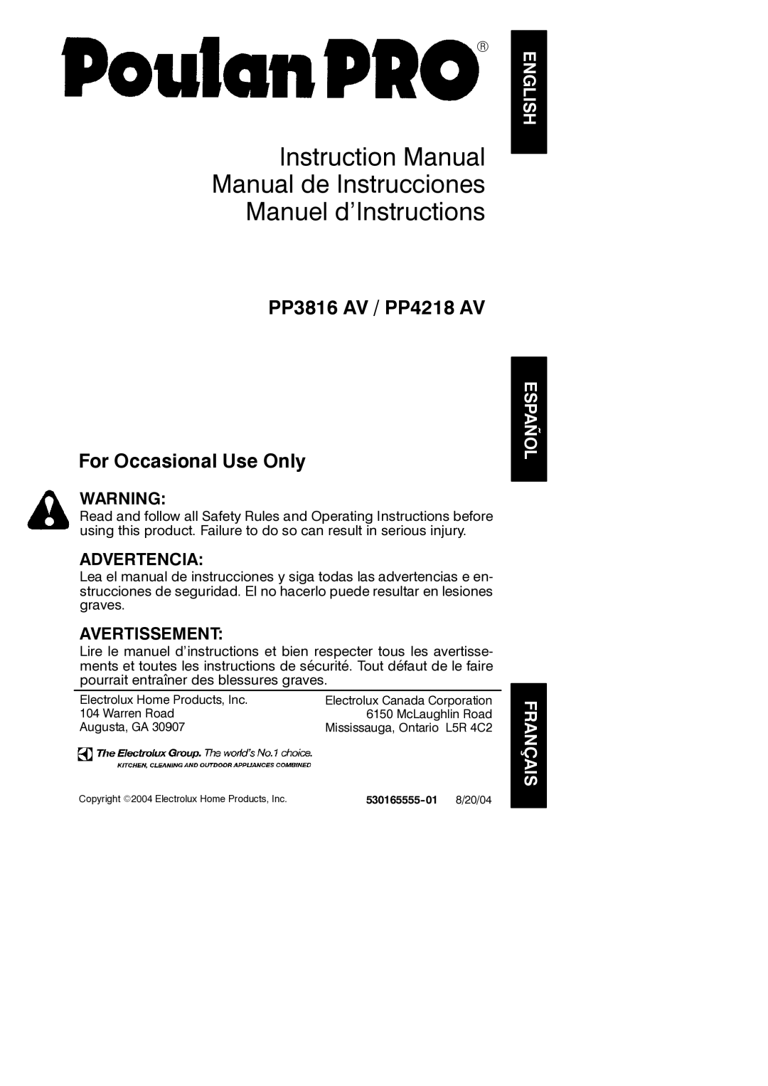 Poulan instruction manual PP3816 AV / PP4218 AV For Occasional Use Only, 530165555-01 8/20/04 