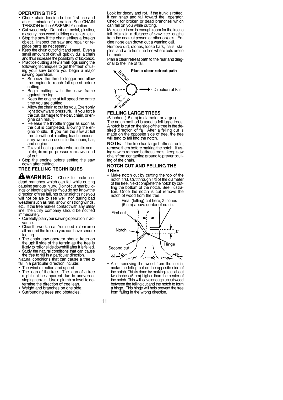 Poulan 530165555-01 Operating Tips, Tree Felling Techniques, Felling Large Trees, Notch CUT and Felling the Tree 