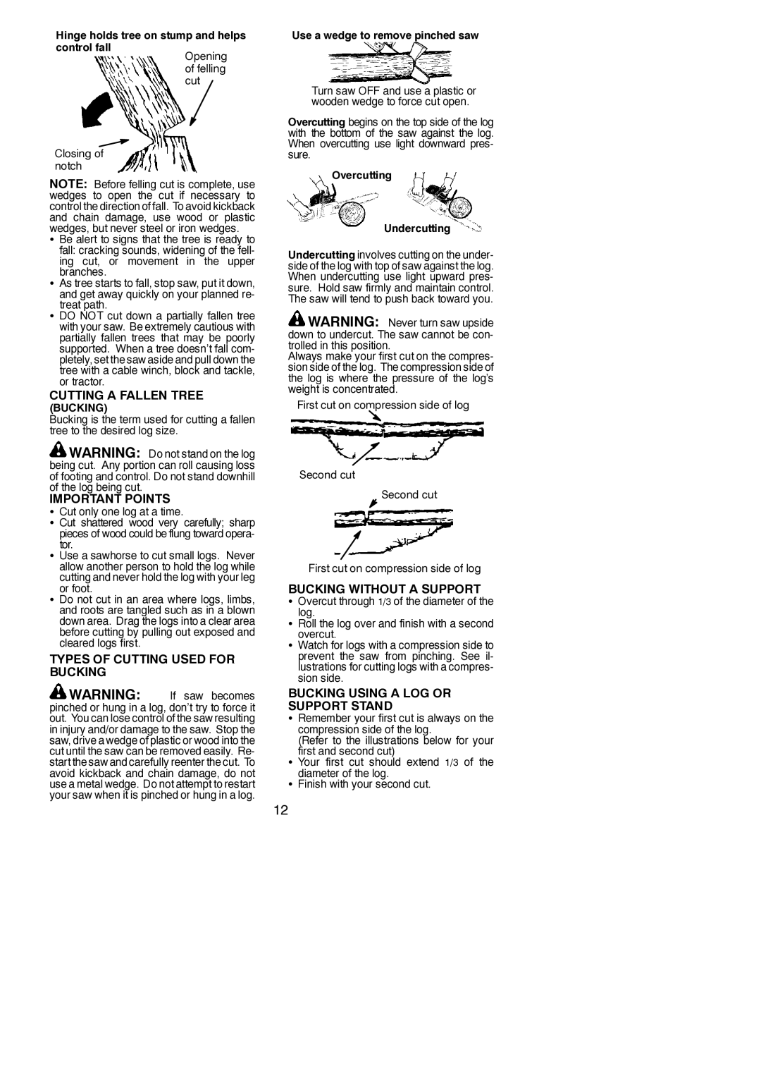 Poulan 530165555-01 Cutting a Fallen Tree, Important Points, Types of Cutting Used for Bucking, Bucking Without a Support 