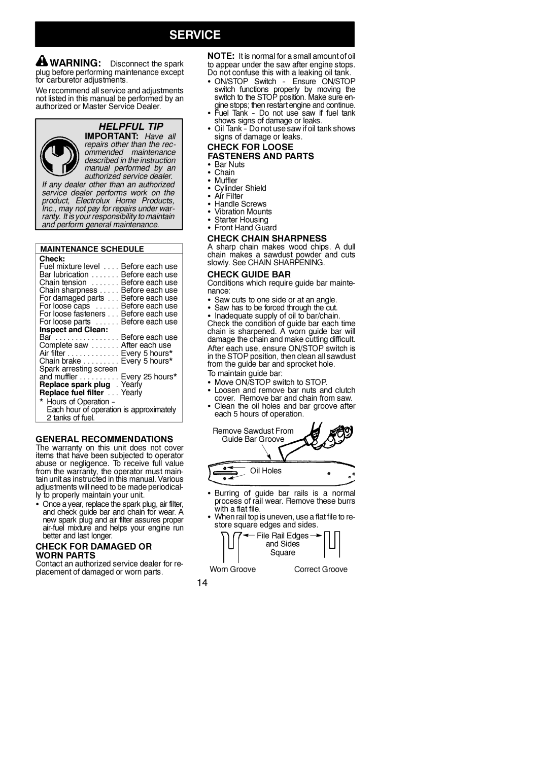 Poulan 530165555-01 instruction manual Service 