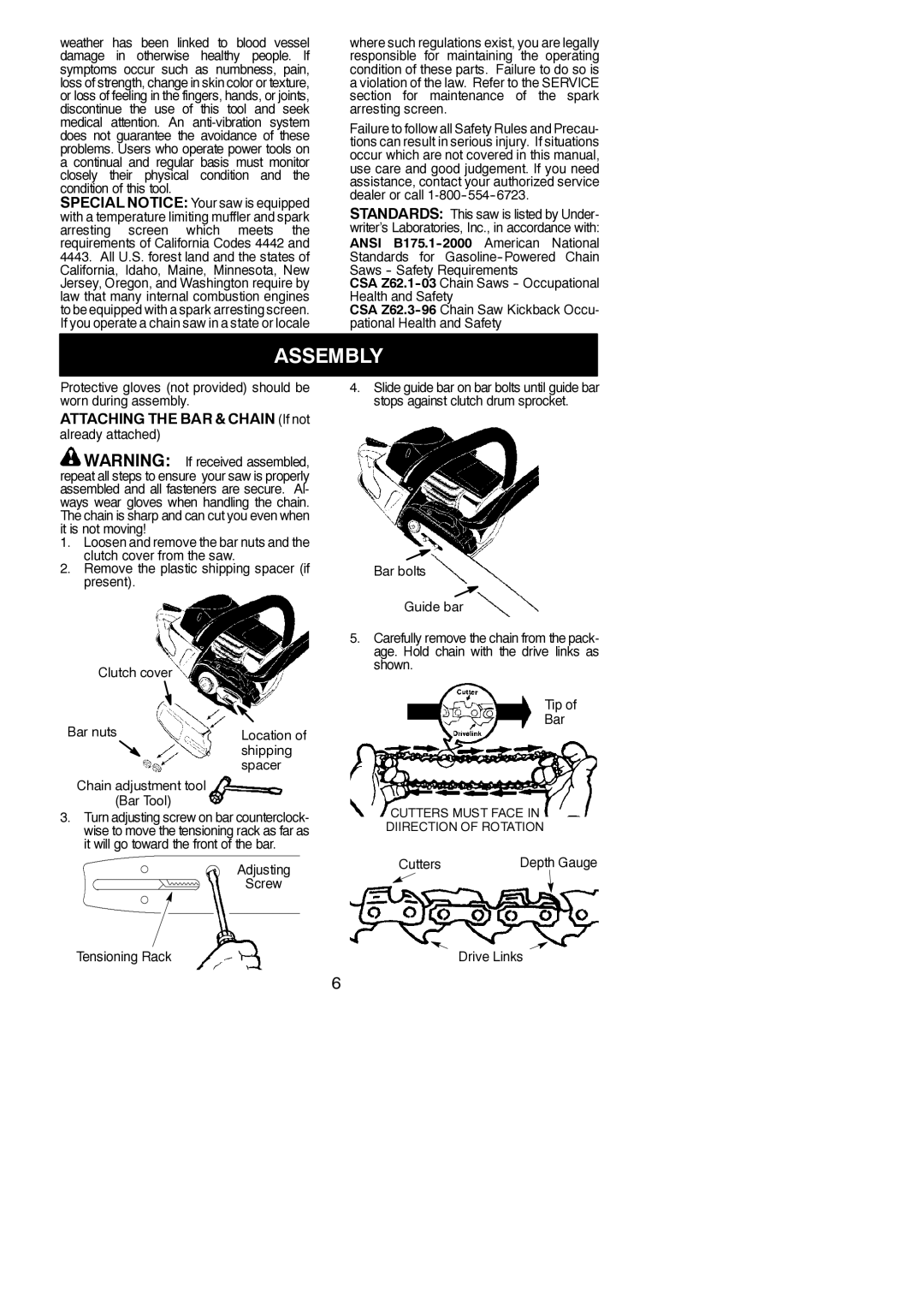 Poulan 530165555-01 Assembly, Attaching the BAR & Chain If not, Adjusting Screw Tensioning Rack, Cutters, Drive Links 