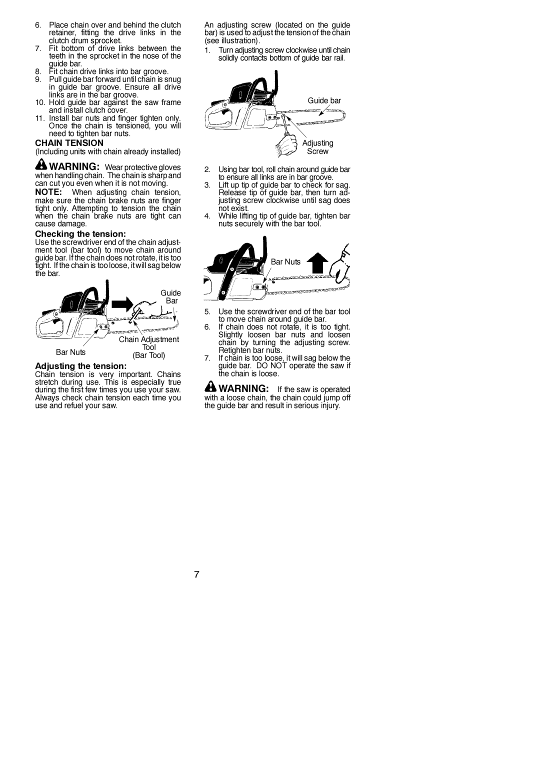 Poulan 530165555-01 instruction manual Chain Tension, Checking the tension, Adjusting the tension 