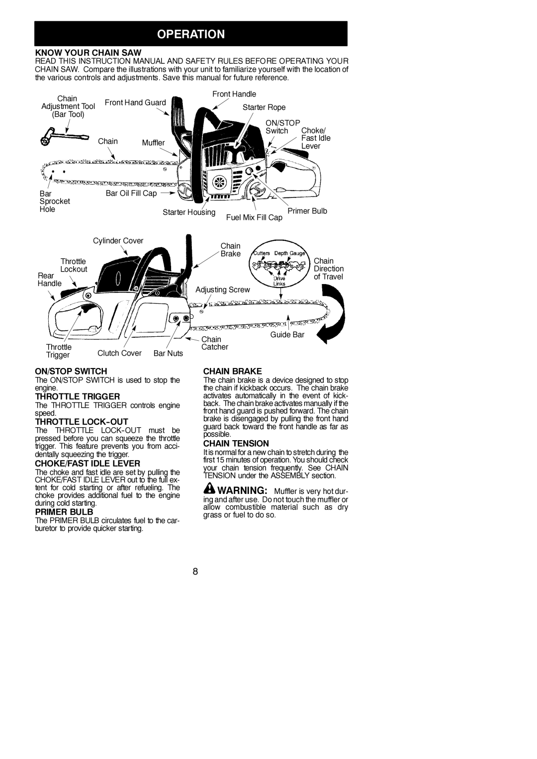 Poulan 530165555-01 instruction manual Operation 