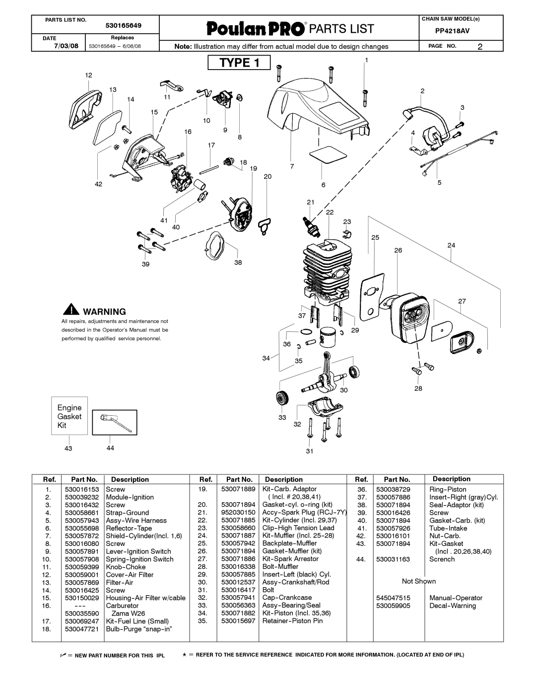 Poulan 530165649 manual Type, Engine Gasket Kit, Description 