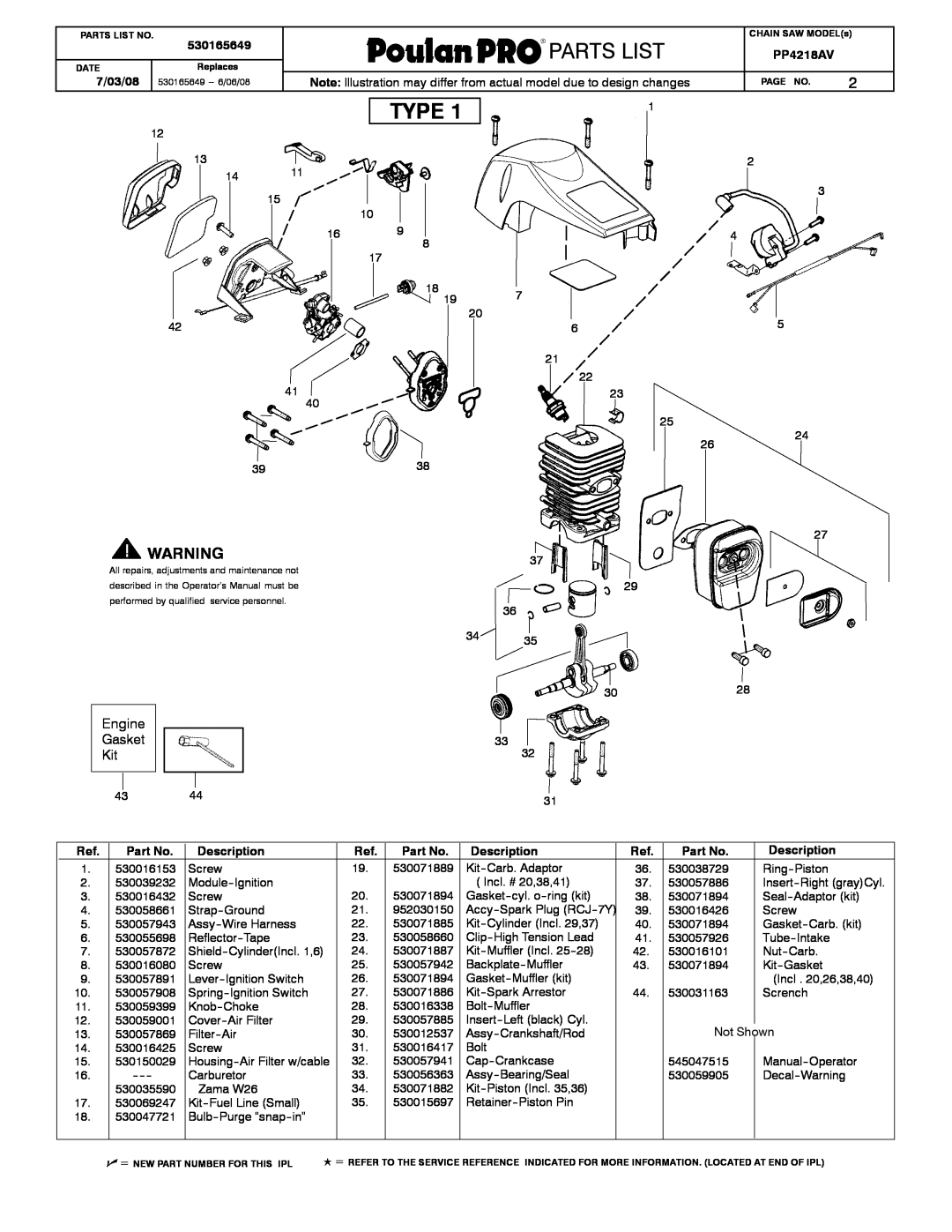 Poulan 530165649 manual Type, Engine Gasket Kit, Description, Weed Eaterrrr, Partslist 