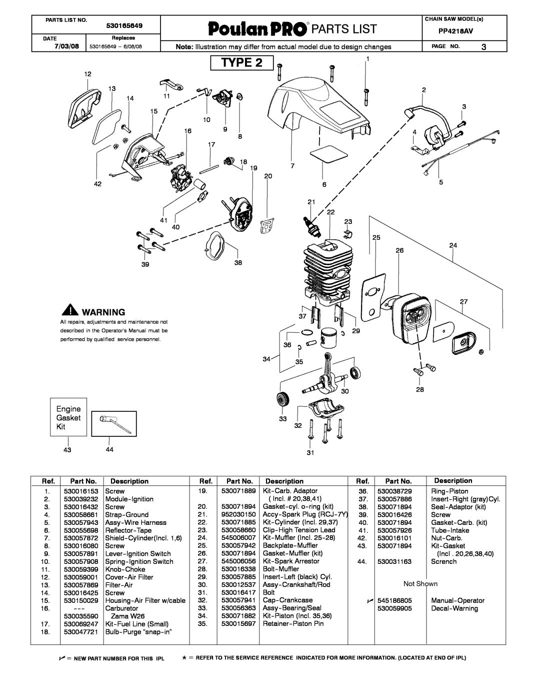 Poulan 530165649 manual Weed Eaterrrr, Partslist, Type, Engine Gasket Kit, Description 