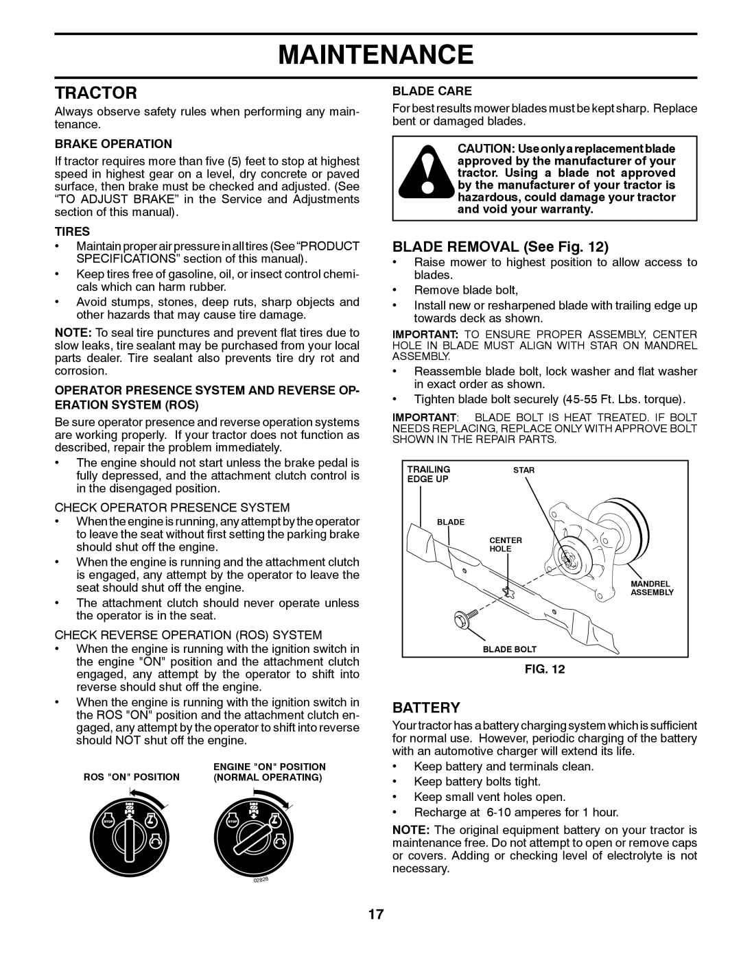 Poulan 532 40 36-87 manual Tractor, Blade Removal See Fig, Battery 