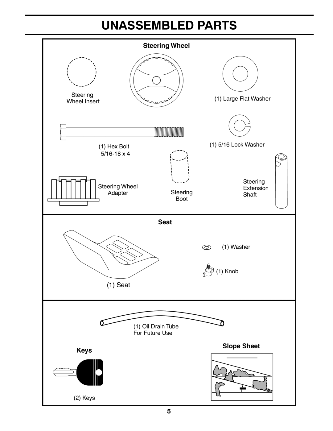 Poulan 532 40 36-87 manual Unassembled Parts, Steering Wheel, Seat, Slope Sheet 