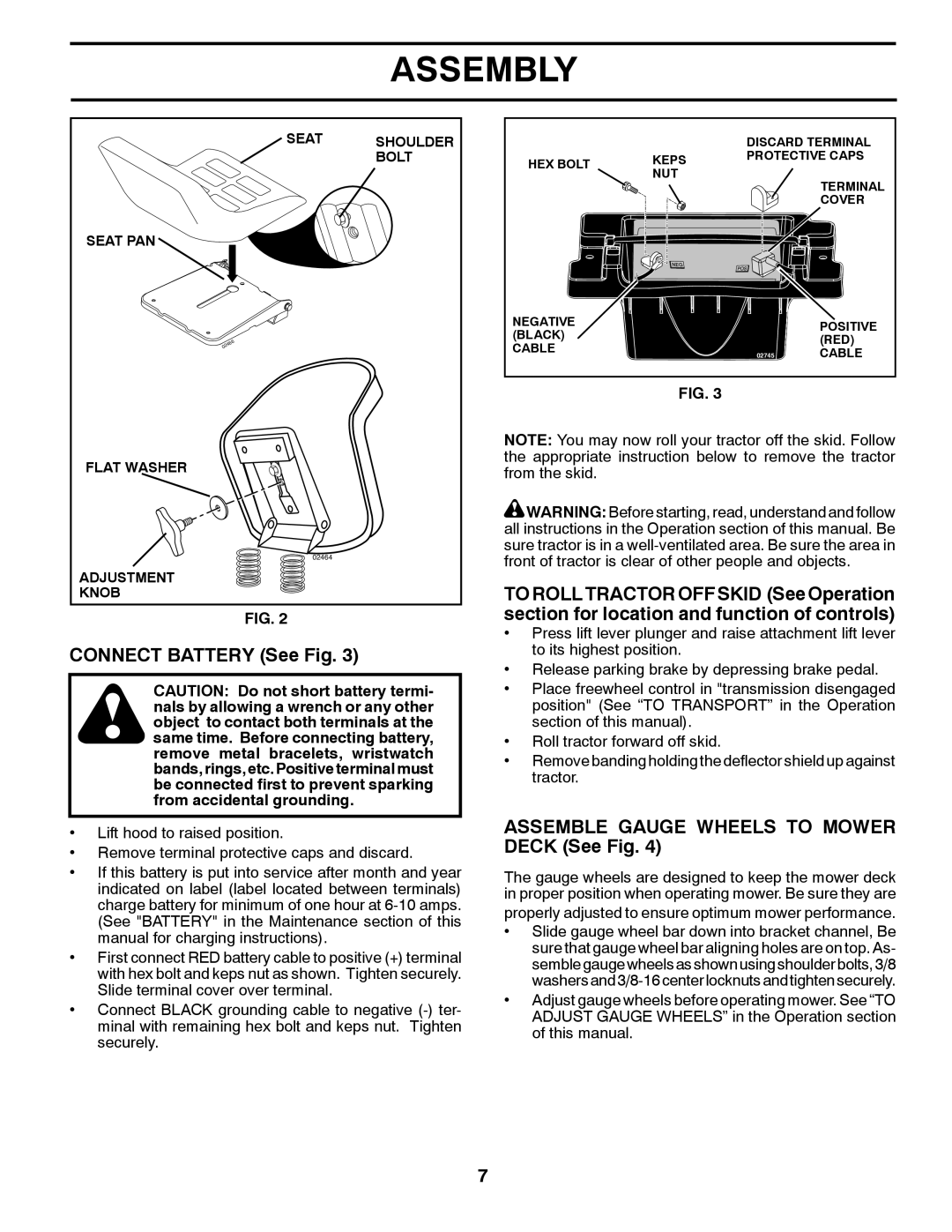 Poulan 532 40 36-87 manual Connect Battery See Fig, Assemble Gauge Wheels to Mower Deck See Fig 