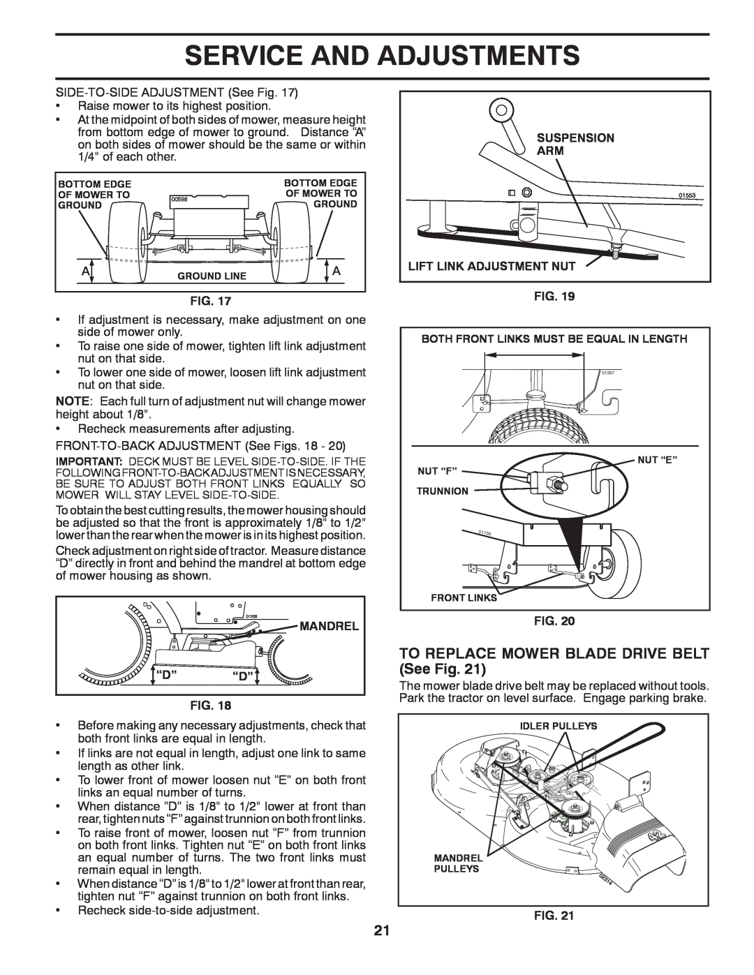 Poulan 532 40 36-87 manual TO REPLACE MOWER BLADE DRIVE BELT See Fig, Service And Adjustments, Mandrel “D” “D”, Suspension 