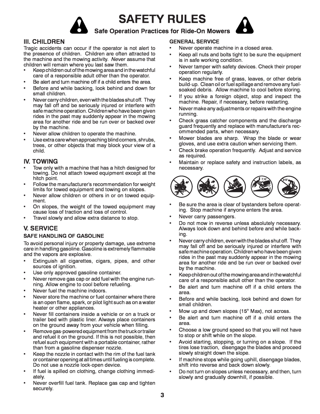 Poulan 532 40 36-87 manual Iii. Children, Iv. Towing, V. Service, Safety Rules, Safe Operation Practices for Ride-On Mowers 