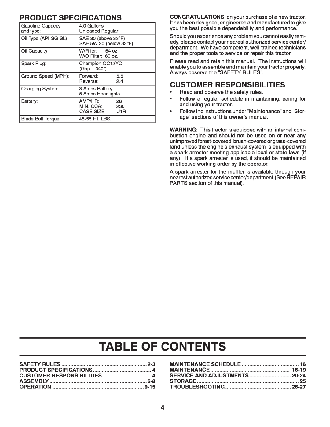 Poulan 532 40 36-87 manual Table Of Contents, Product Specifications, Customer Responsibilities, 9-15, 16-19, 20-24, 26-27 