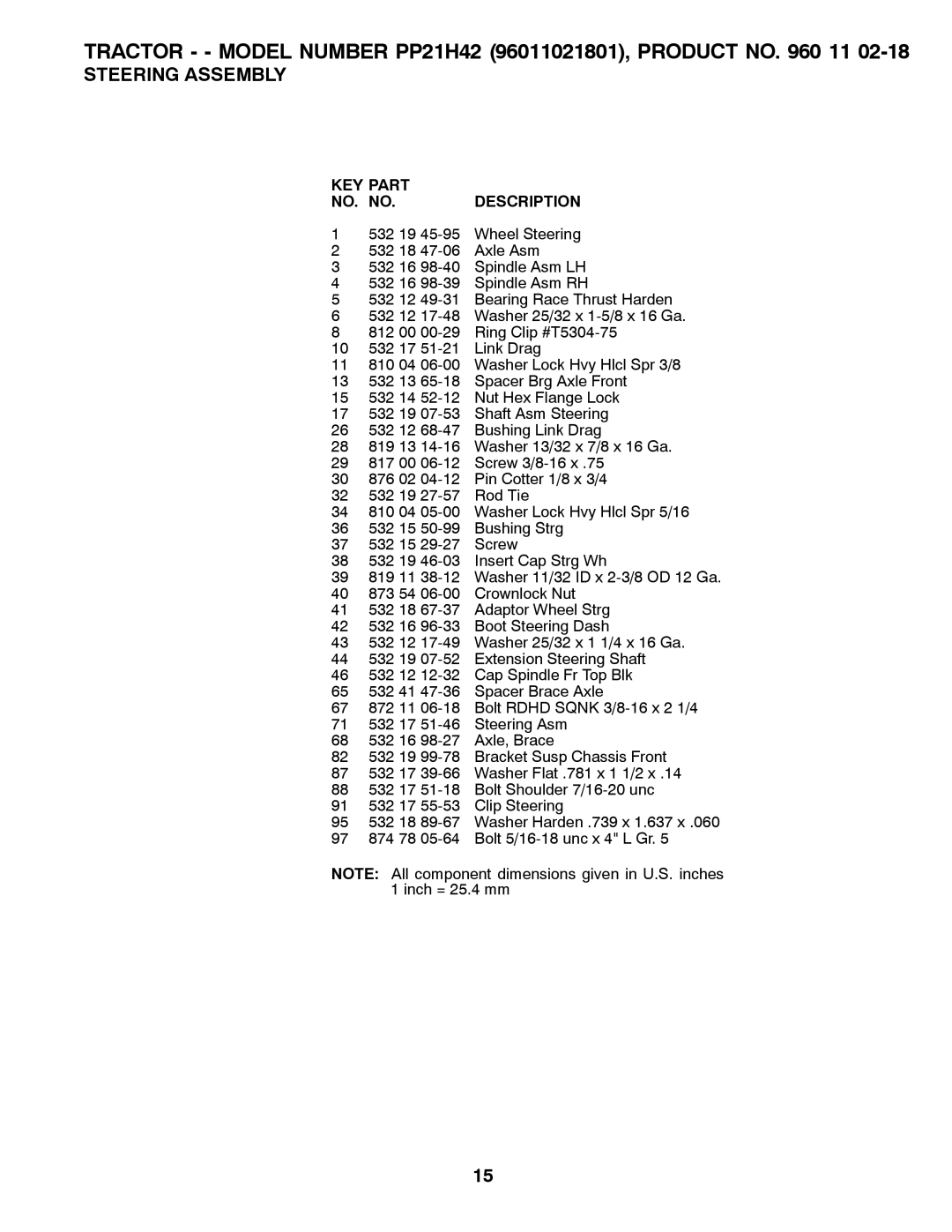 Poulan 532 41 91-64 manual Tractor - Model Number PP21H42 96011021801, Product no 11 