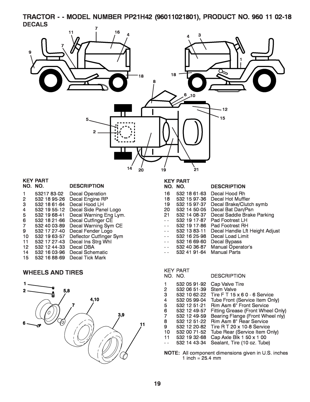Poulan 532 41 91-64 manual Decals, Wheels And Tires, TRACTOR - - MODEL NUMBER PP21H42 96011021801, PRODUCT NO, 1818, 4,10 