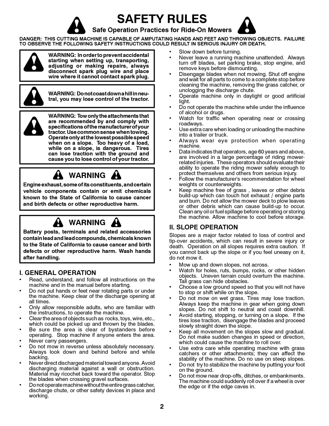 Poulan 532 43 34-32 Safety Rules, Safe Operation Practices for Ride-OnMowers, I. General Operation, Ii. Slope Operation 