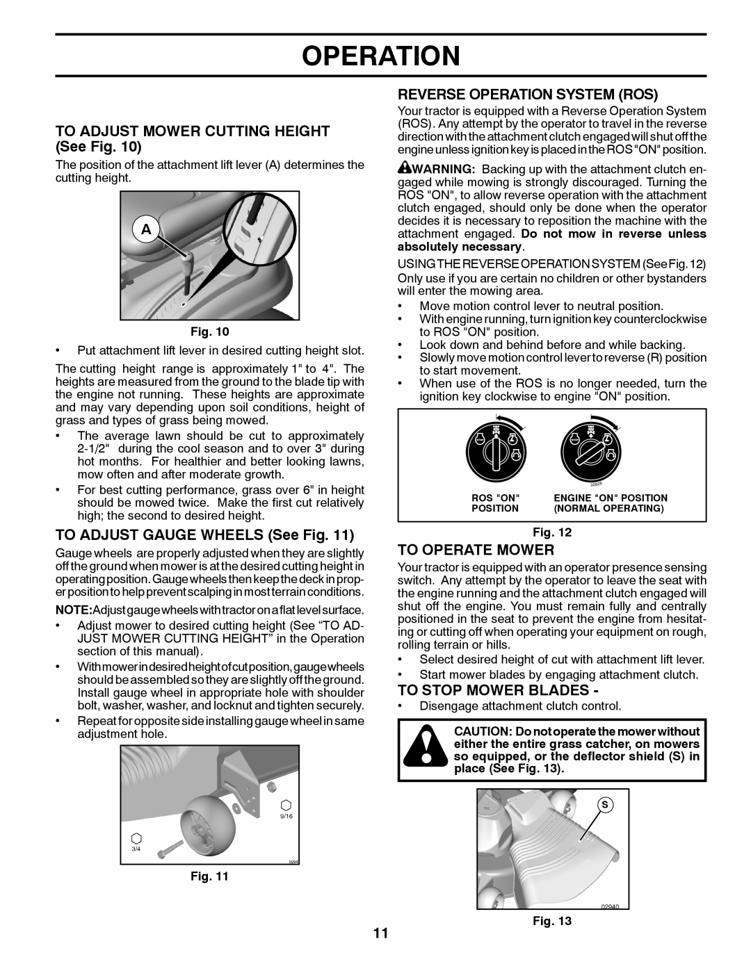 Poulan 96048001800 To Adjust Mower Cutting Height See Fig, To Adjust Gauge Wheels See Fig, Reverse Operation System ROS 