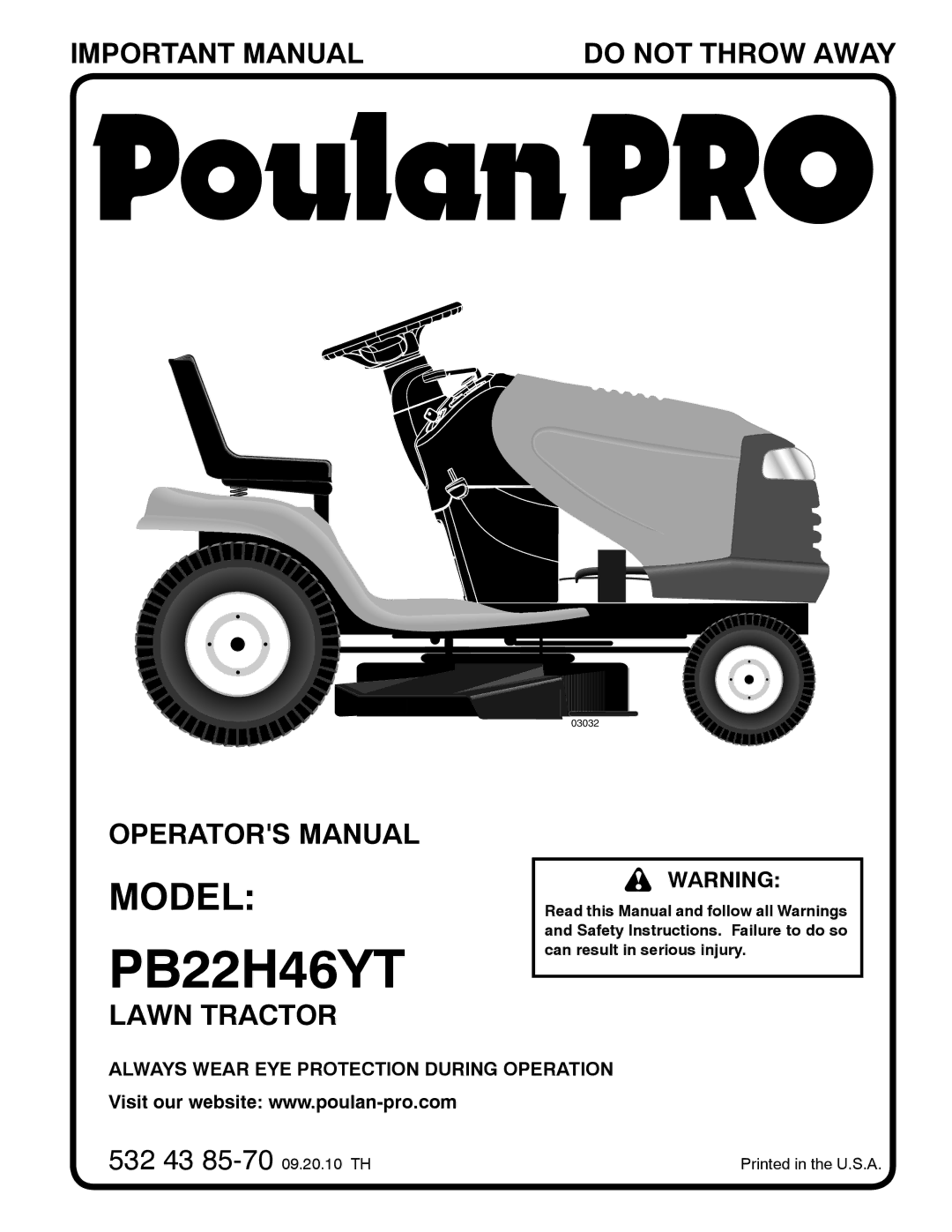 Poulan 96042012500, 532 43 85-70 manual PB22H46YT 