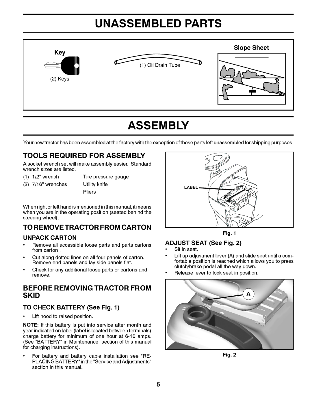 Poulan 96042012500, 532 43 85-70 manual Unassembled Parts, Tools Required for Assembly, Toremovetractorfromcarton 