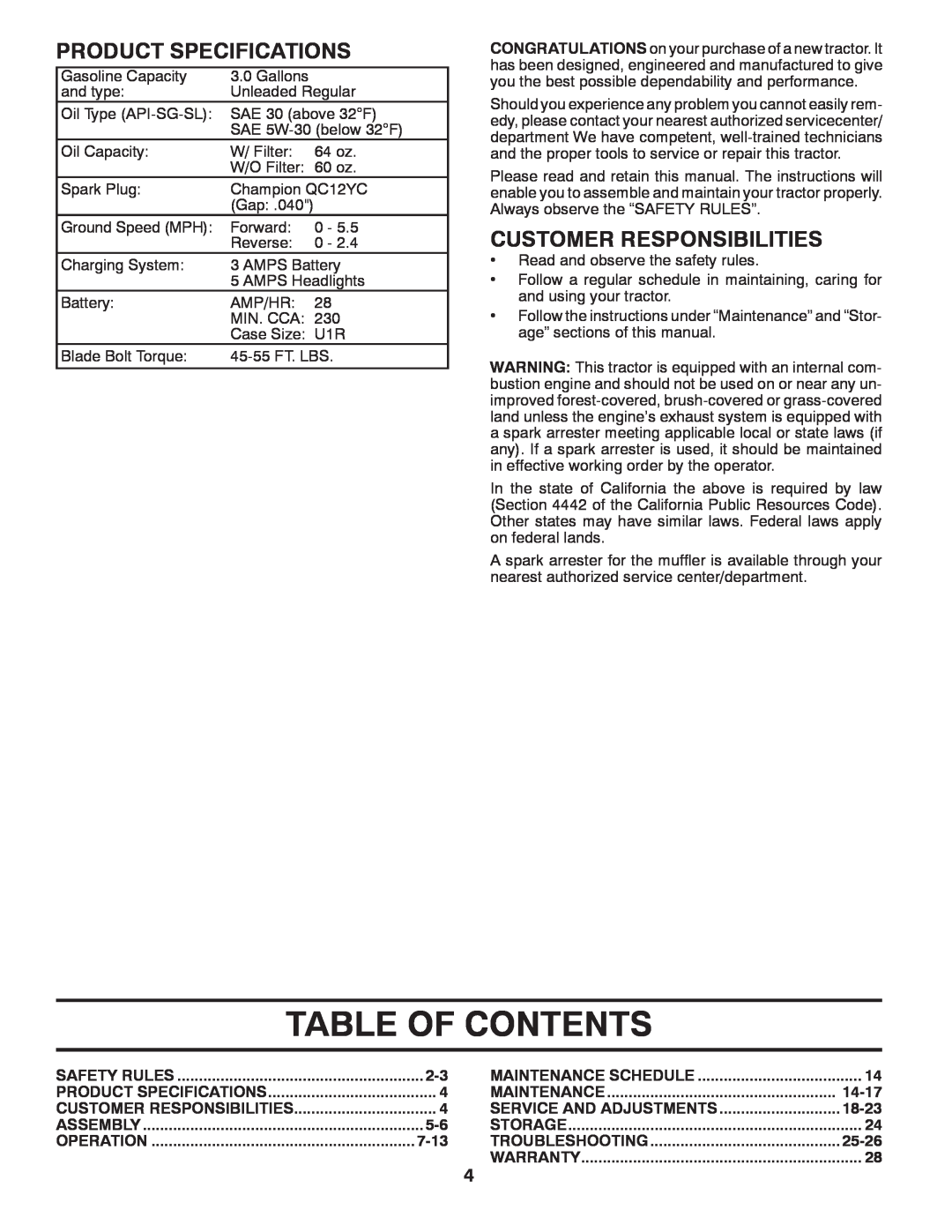 Poulan 532 43 85-70 manual Table Of Contents, Product Specifications, Customer Responsibilities, 7-13, 14-17, 18-23, 25-26 