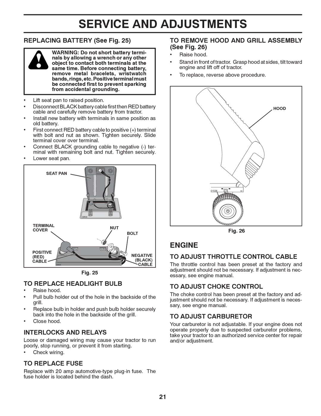 Poulan 532 43 88-17 To Replace Headlight Bulb, Interlocks and Relays, To Replace Fuse, To Adjust Throttle Control Cable 