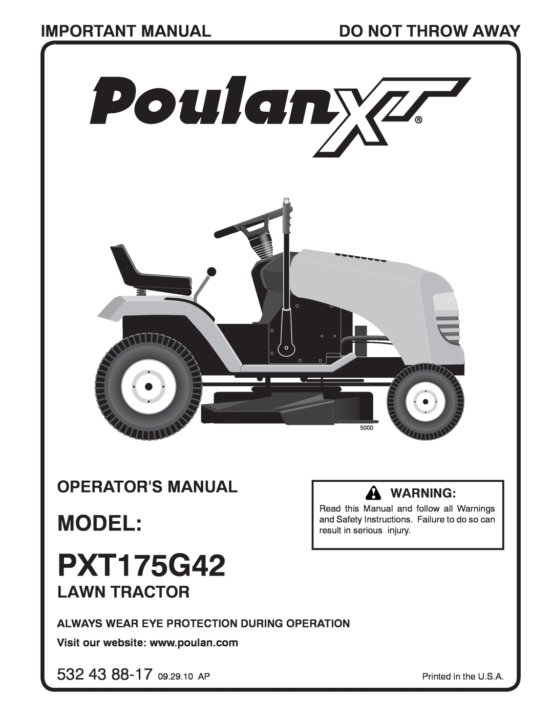 Poulan 96016002400 manual Model, Important Manual, Do Not Throw Away, Operators Manual, Lawn Tractor, PXT175G42, 5000 