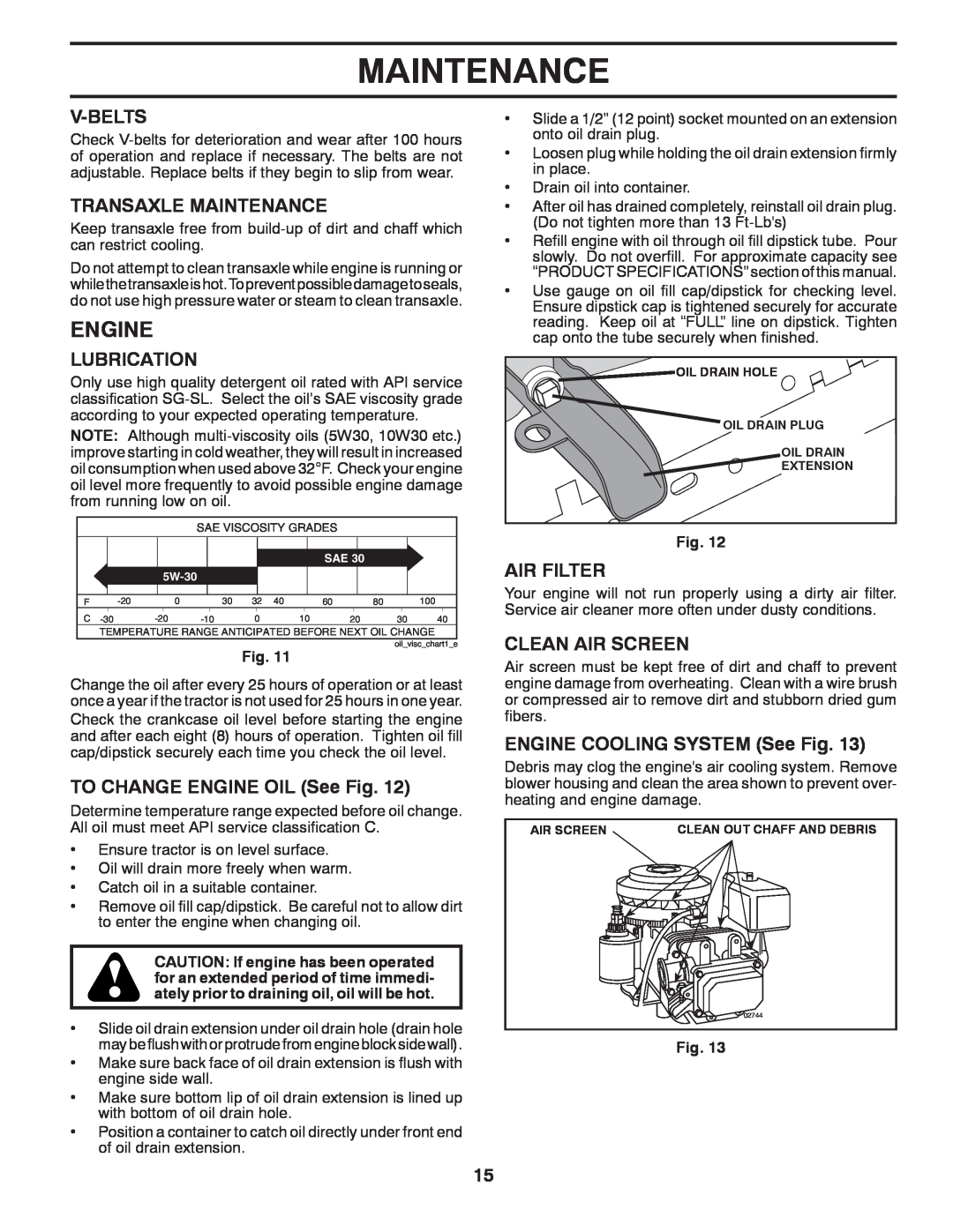 Poulan 532 43 88-17 Engine, V-Belts, Transaxle Maintenance, Lubrication, TO CHANGE ENGINE OIL See Fig, Air Filter 
