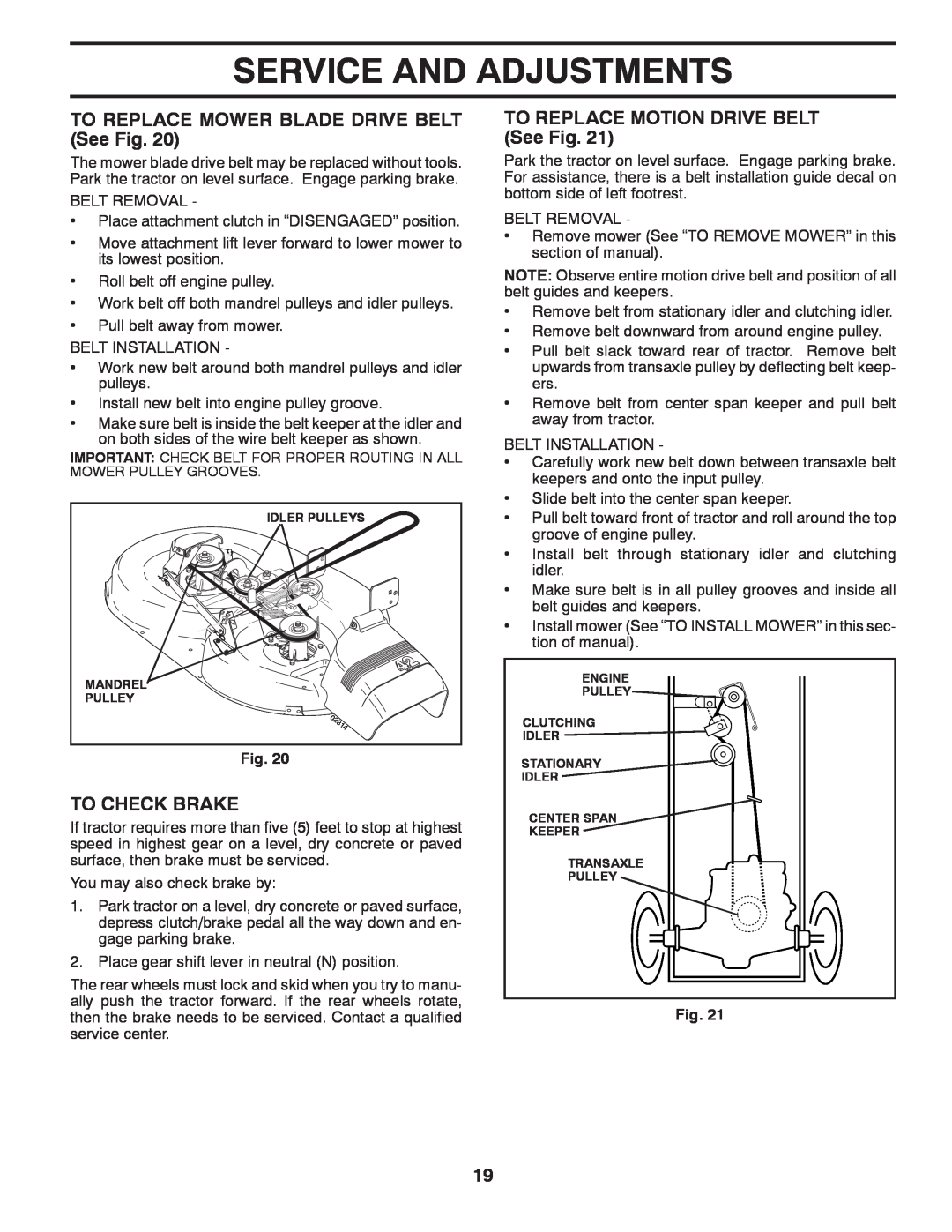 Poulan 96016002400, 532 43 88-17 manual Service And Adjustments, TO REPLACE MOWER BLADE DRIVE BELT See Fig, To Check Brake 