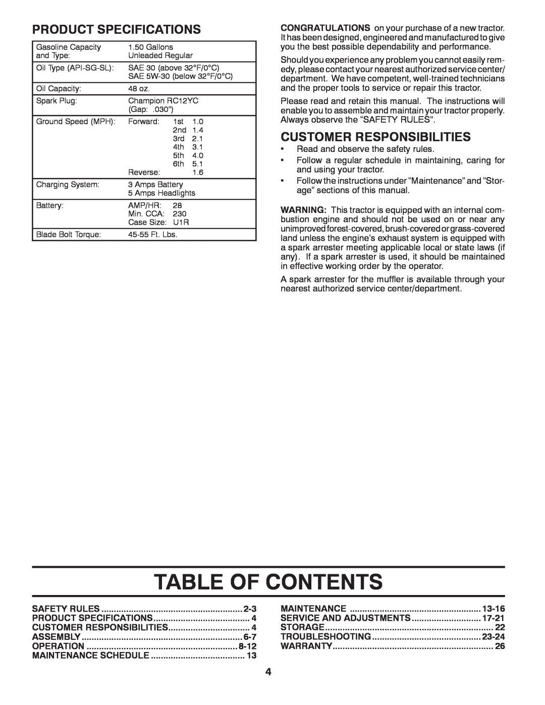 Poulan 96016002400, 532 43 88-17, PXT175G42 manual Table Of Contents, Product Specifications, Customer Responsibilities 
