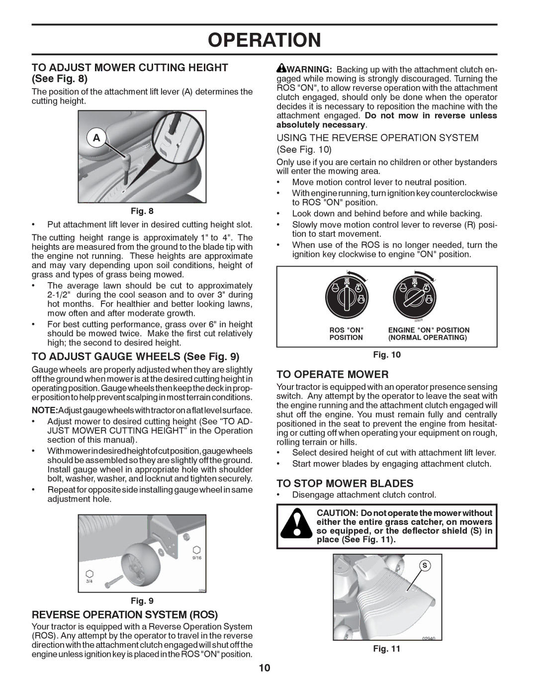 Poulan 532 43 88-78 To Adjust Mower Cutting Height See Fig, To Adjust Gauge Wheels See Fig, Reverse Operation System ROS 