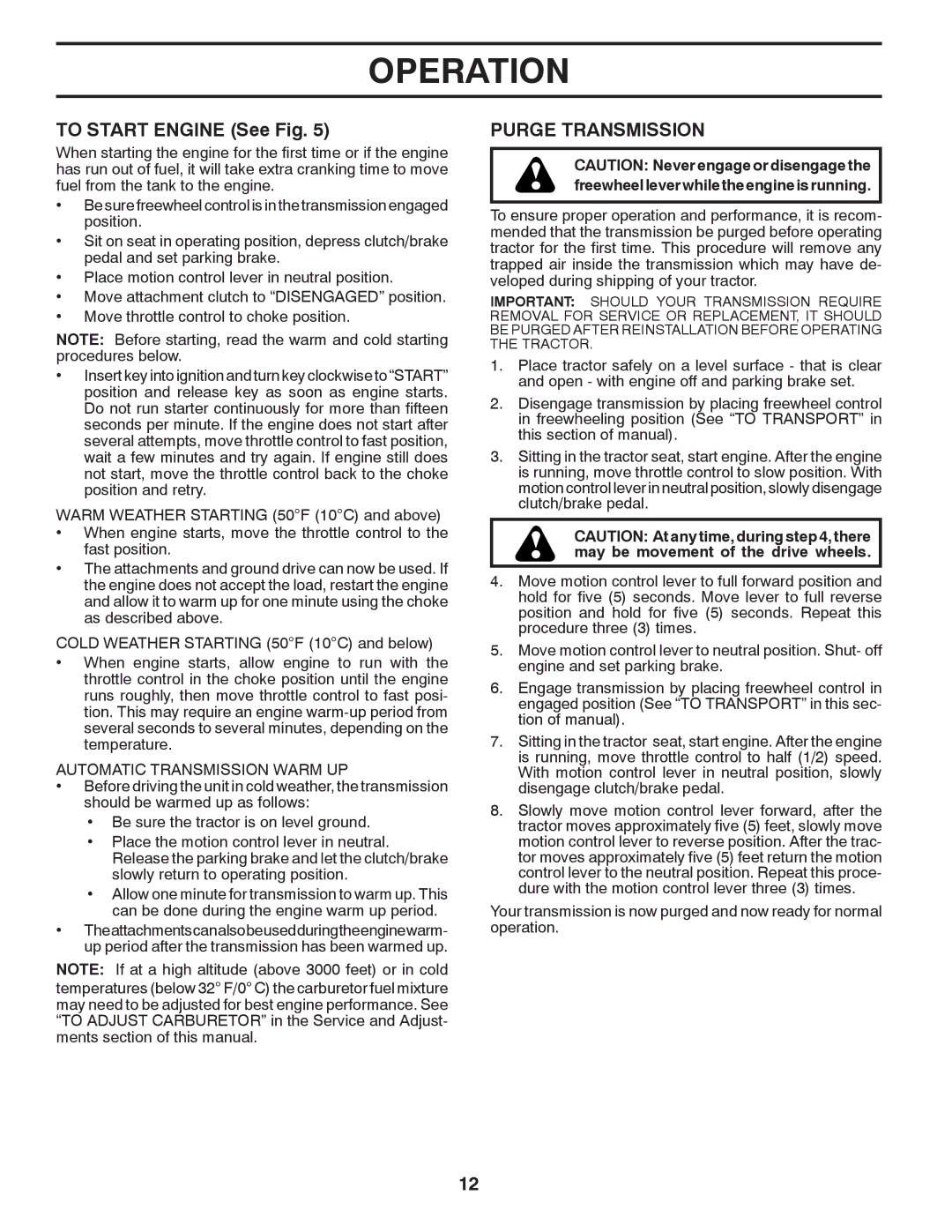 Poulan 532 43 88-78, 96048000500 manual To Start Engine See Fig, Purge Transmission, Automatic Transmission Warm UP 