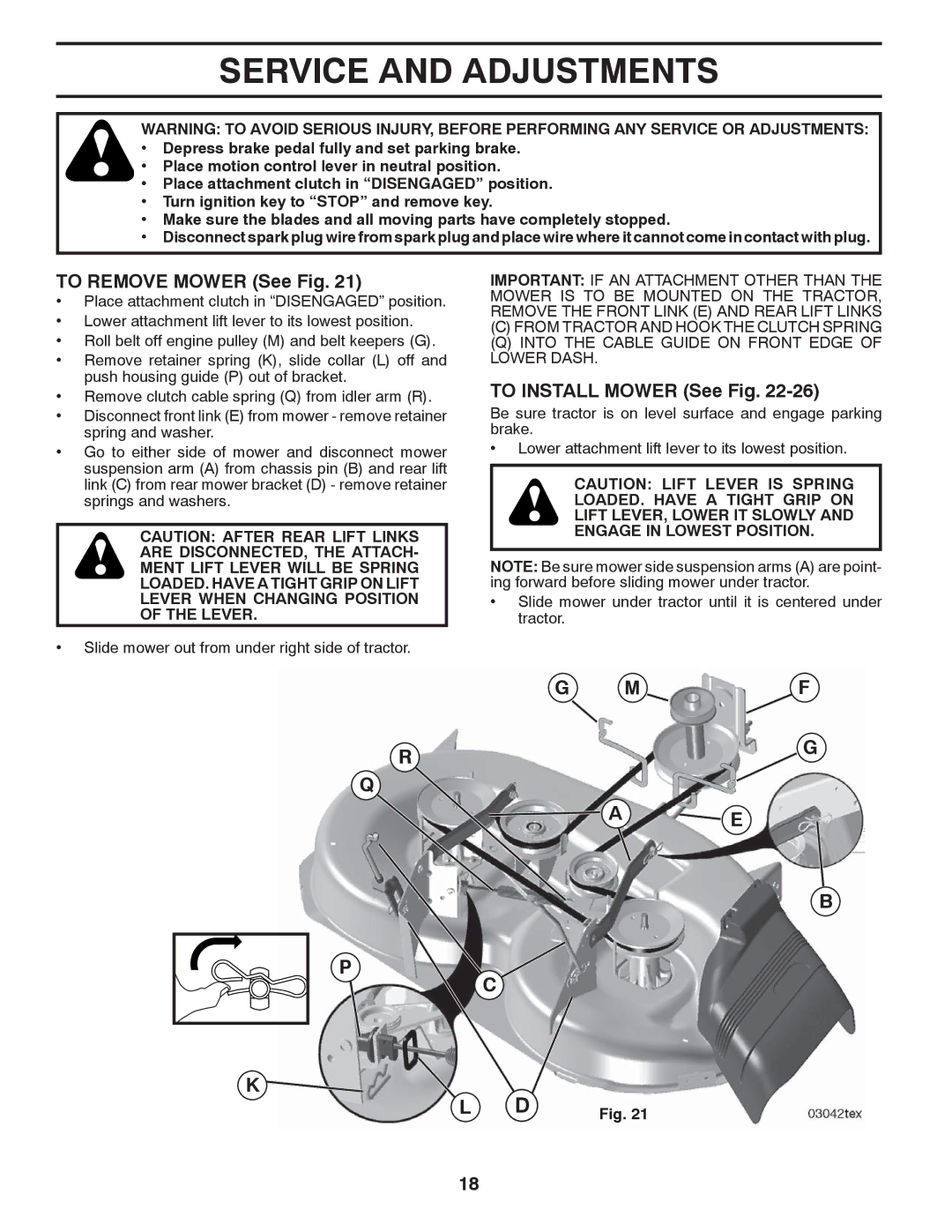 Poulan 532 43 88-78, 96048000500 manual Service and Adjustments, To Remove Mower See Fig, To Install Mower See Fig 