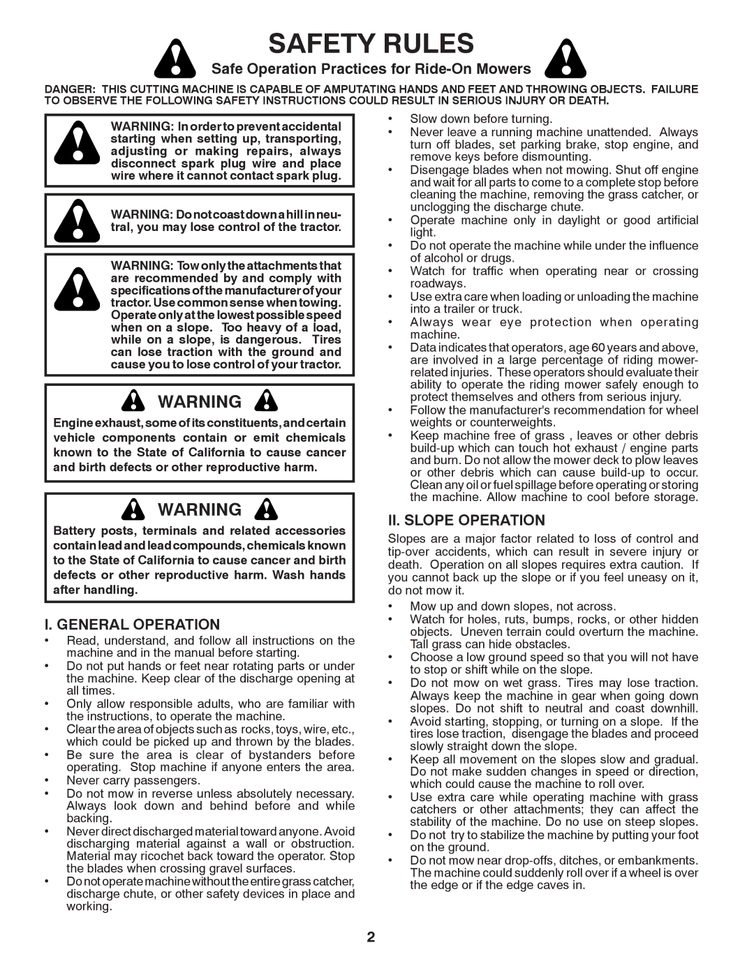 Poulan 532 43 88-78 Safety Rules, Safe Operation Practices for Ride-On Mowers, General Operation, II. Slope Operation 