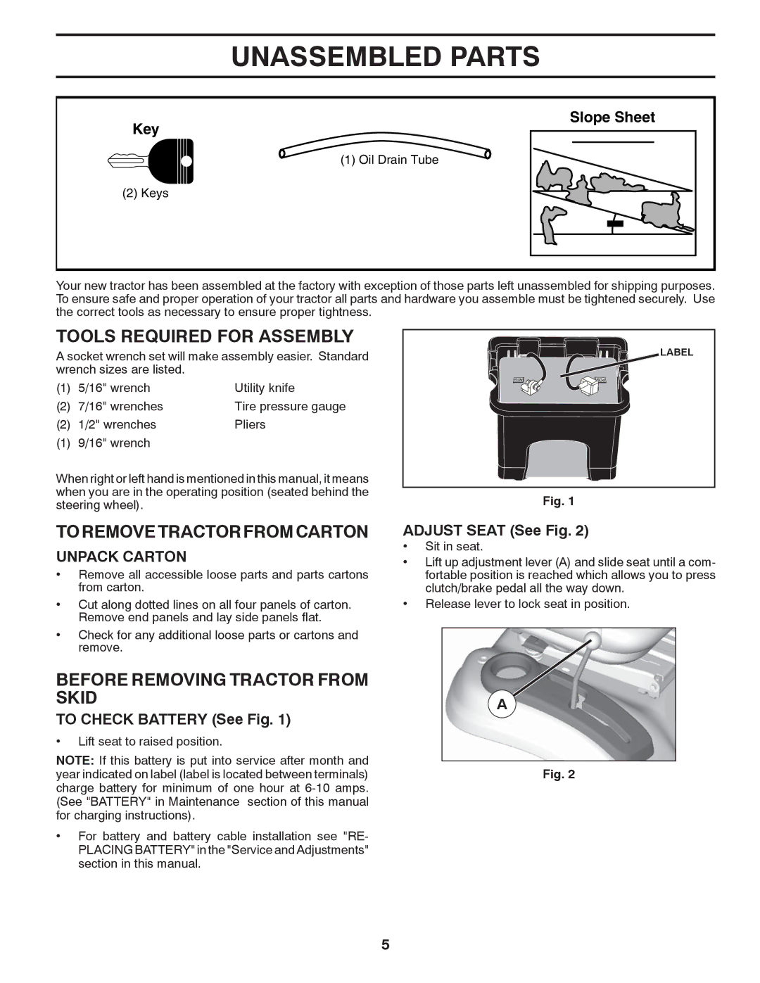 Poulan 96048000500 manual Unassembled Parts, Tools Required for Assembly, To Remove Tractor from Carton, Unpack Carton 