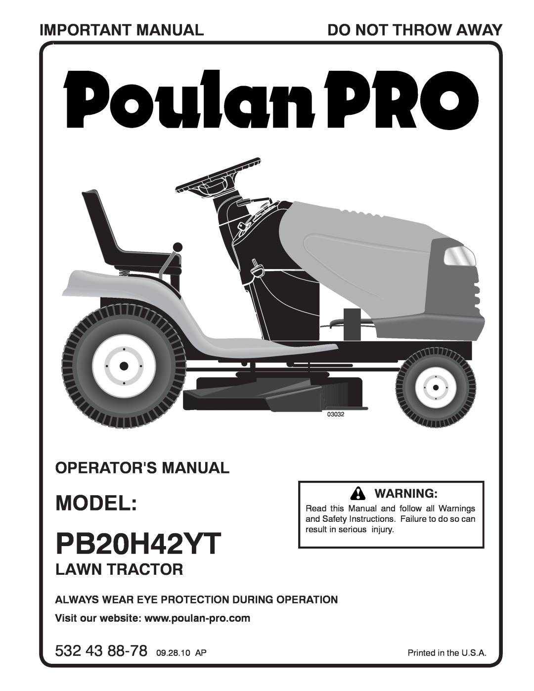 Poulan 96048000500 manual Model, Important Manual, Do Not Throw Away, Operators Manual, Lawn Tractor, PB20H42YT,  
