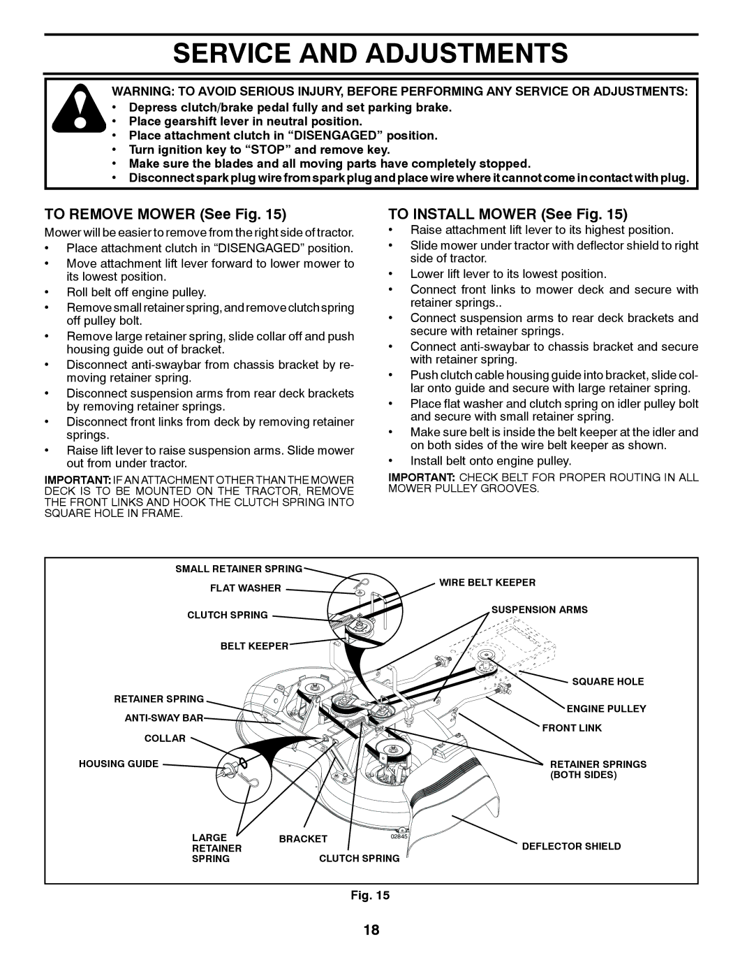 Poulan 532 43 88-96, 96018000500 manual Service and Adjustments, To Remove Mower See Fig, To Install Mower See Fig 