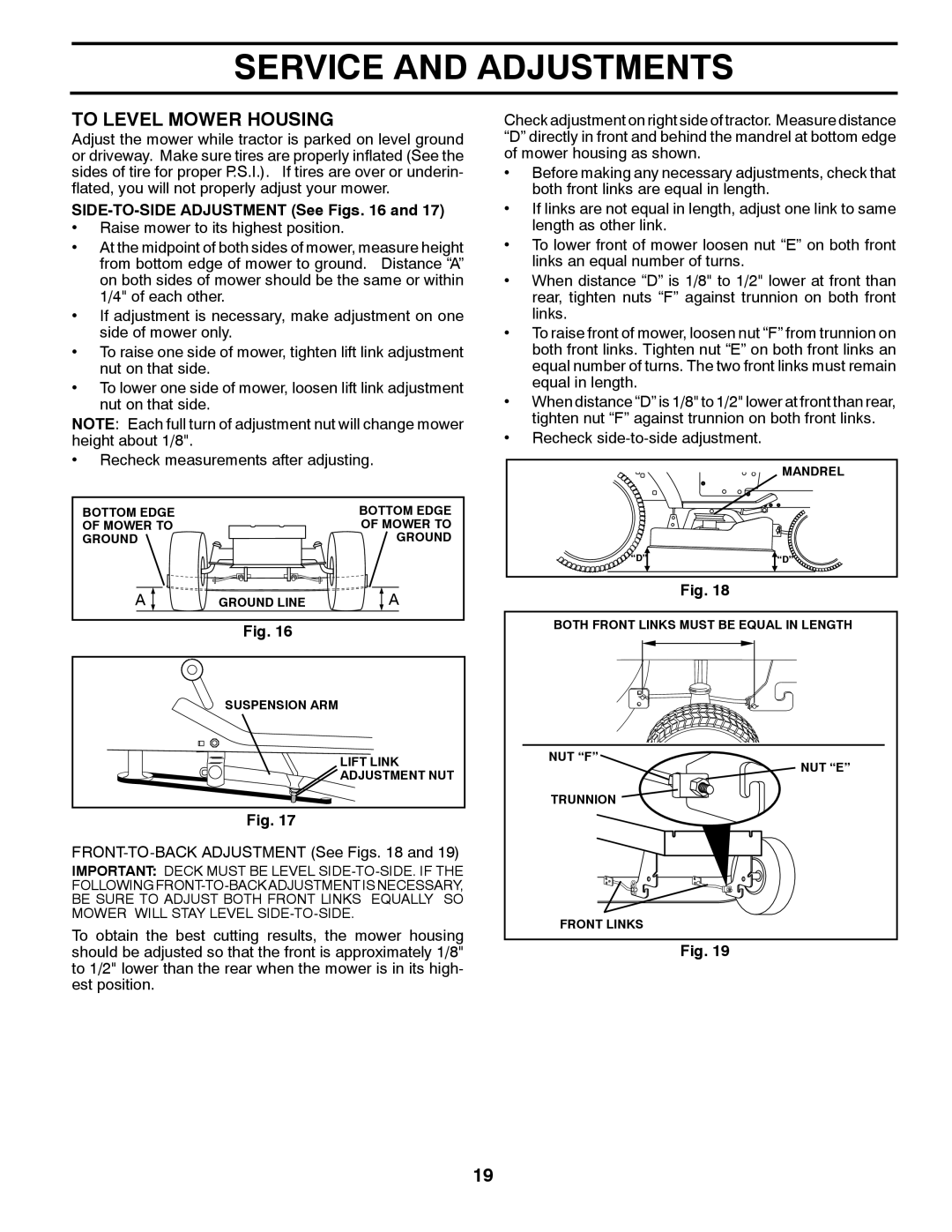 Poulan 96018000500, 532 43 88-96 manual To Level Mower Housing, SIDE-TO-SIDE Adjustment See Figs 