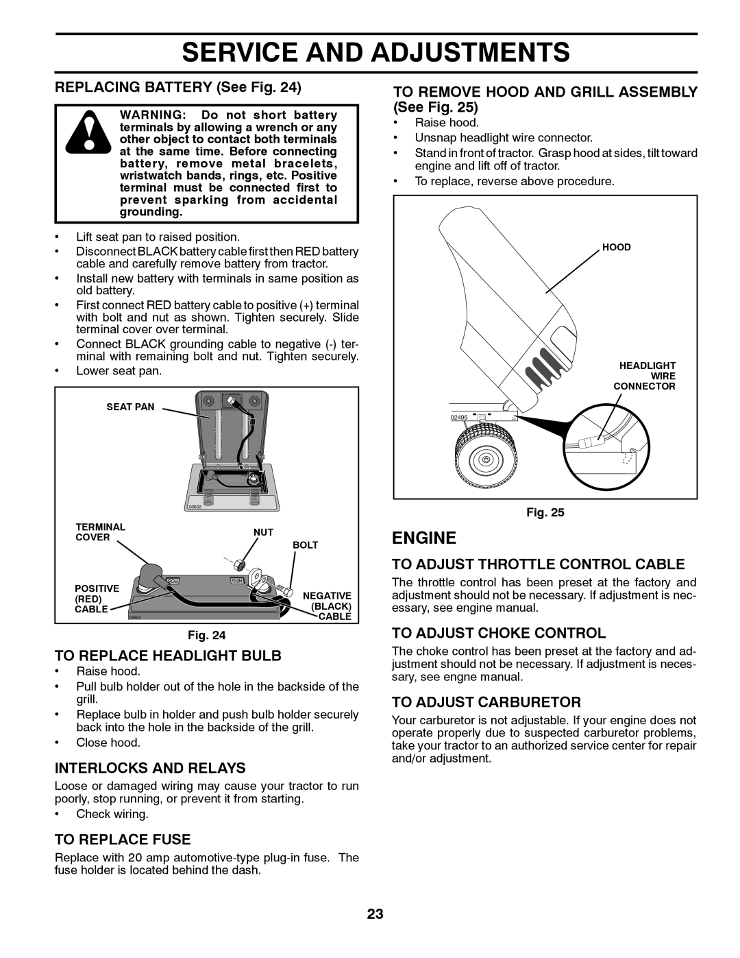 Poulan 96018000400 To Replace Headlight Bulb, Interlocks and Relays, To Replace Fuse, To Adjust Throttle Control Cable 