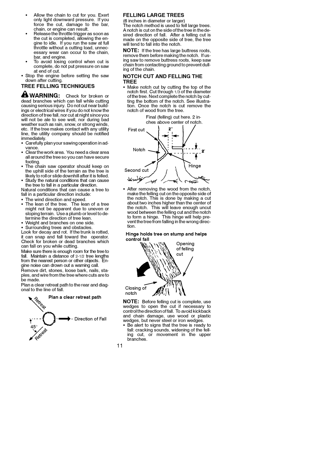 Poulan 545001484 Tree Felling Techniques Felling Large Trees, Notch CUT and Felling the Tree, Inches in diameter or larger 